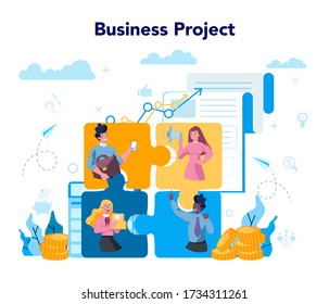 Concepto de proyecto empresarial. Idea de estrategia y logro en el trabajo en equipo. Objetivo y clave para el éxito. Brainstorm y estrategia. Ilustración vectorial aislada en estilo plano