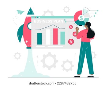 Business project concept. Woman analyzes graphs and charts. Young girl evaluates income and expenses, explores market. Investor, analyst or entrepreneur at workplace. Cartoon flat vector illustration