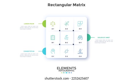 Business project creation rectangular matrix infographic design template with 9 options. Creation of effective strategy. Legal project development. Chart with icons and text. Visual data presentation