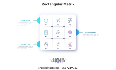 Criação de projeto de negócios modelo de design de infográfico matriz retangular com 9 opções. Criação de uma estratégia eficaz. Desenvolvimento de projeto legal. Gráfico com ícones e texto. Apresentação de dados visuais