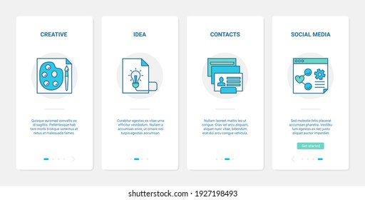 Business project creation in social media vector illustration. UX, UI onboarding mobile app page screen set with line creative ideas for content blog management, contact search of target audience