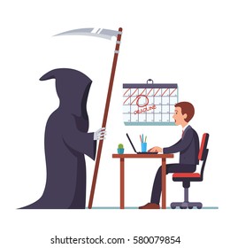 Business project deadline concept. Grim reaper came to frightened open mouthed businessman sitting at desk working on laptop computer. Due date time is up. Flat style vector isolated illustration.