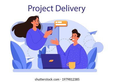 Business project delivery concept. Project development and presentation. Idea of project planning, promotion, management and marketing. Flat vector illustration