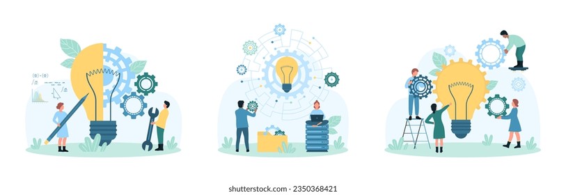 Business project development, improvement and idea implementation set vector illustration. Cartoon tiny people create idea innovation, put gear in digital circuit with light bulb, change settings