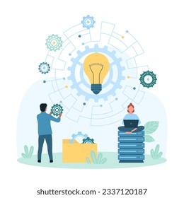 Business project development and improvement vector illustration. Cartoon tiny people put gear in digital circuit with light bulb inside, improve office workflow and change strategy for success
