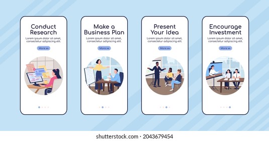 Business project development onboarding mobile app screen flat vector template. Walkthrough website 4 steps with characters. Creative UX, UI, GUI smartphone cartoon interface, case prints set