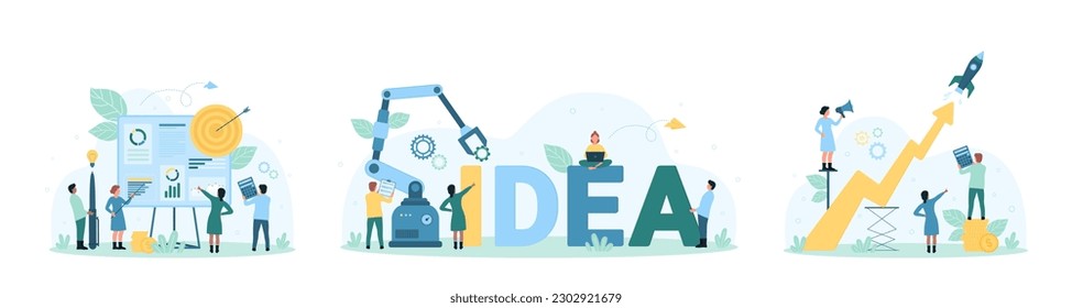Business project development set vector illustration. Cartoon tiny people build idea word together with robot arm, work in team on analysis of financial data and charts, launch rocket and growth arrow