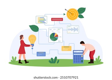 Desenvolvimento de projetos empresariais. Minúsculas pessoas com lâmpada e calculadora trabalham em gráficos digitais e gráficos no cronograma para a realização de sucesso, planejar estratégia eficaz desenho animado vetor ilustração