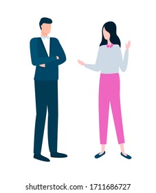 Business project discussion vector, man and woman at meeting at coffee break isolated workers wearing formal clothes. Male and female talking at work