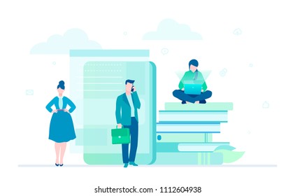 Business project - flat design style colorful illustration on white background. A composition with male and female office managers working with a laptop, sitting on big books, talking on the phone