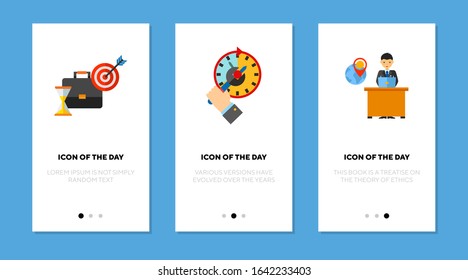 Business project flat icon set. Goal, deadline, business trip isolated sign pack. Business strategy, time management concept. Vector illustration symbol elements for web design and apps