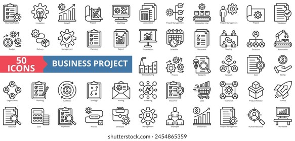 Business project icon collection set. Containing innovation, growth, workflow, accounting, management, production line, validation icon. Simple line vector.