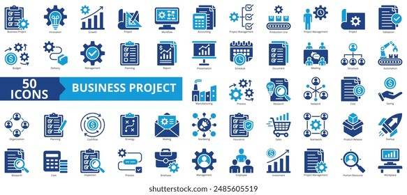 Geschäftsprojektsymbol-Kollektion festgelegt. Enthalten Innovation, Wachstum, Workflow, Buchhaltung, Management, Produktionslinie, Validierung Symbol. Einfache Vektorgrafik.