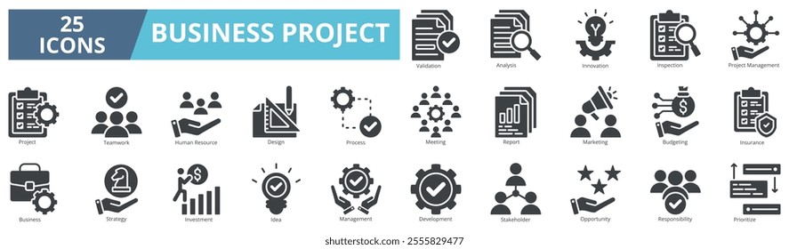 Business project icon collection set. Containing validation, analysis, innovation, inspection, project, management, teamwork, process icon. Simple glyph vector