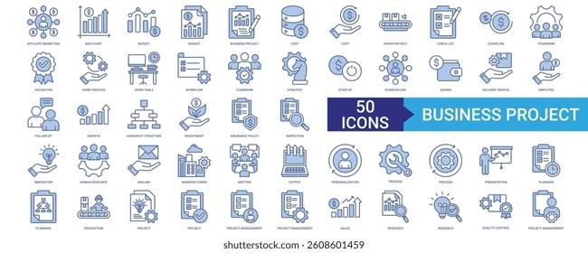 Business Project icon collection set with affiliate marketing, bar chart, budget, cost, conveyor belt