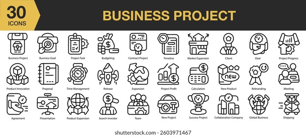 Business Project icon set. Includes business, work, project, office, teamwork, team, and More. Outline icons vector collection.