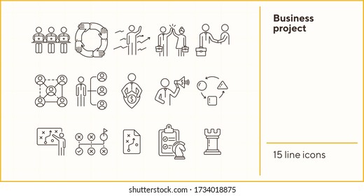 Business project icons. Set of line icons on white background. Strategist, strategic plan, scheme. Strategy concept. Vector illustration can be used for topics like business, management, planning