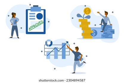 business project illustration set. characters have been approved to do project. project has continued to grow and made a lot of profit. project work cycle concept. vector illustration.