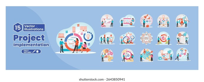 Business project implementation concept. Business teamwork analyzes data and plans business strategies in the office. Mega set.