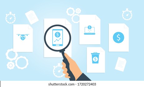 Business project, industrial startup file, document research vector illustrationDocument with search icons. File and magnifying glass. Analytics research sign. Vector Illustration