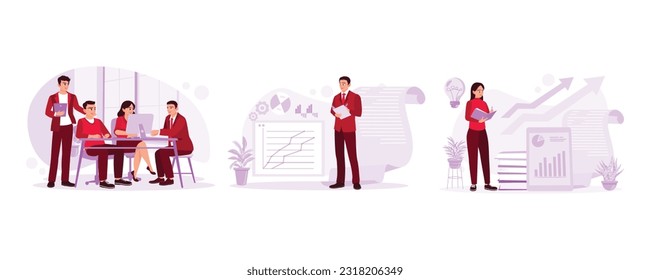 Business project innovation. Financial analysis, stocks, professional. Young businesswoman taking notes, analyzing graphs and charts. Trend modern vector flat illustration.