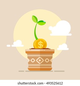 Business Project, investments. Illustration of  sprout money tree in pot. Flat, vector