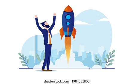 Business project launch - Businessman with rocket lift off holding hands in air and celebrating. Business success and growth concept. Vector illustration with white background