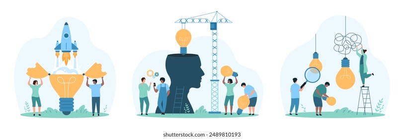 Business project launch, creative idea research and startup development, improvement with AI set. Tiny people start rocket from open light bulb, load lamps into head cartoon vector illustration