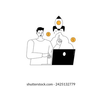 Business Projekt Start Illustration Konzept. Geschäftsleute denken und arbeiten im Büro. Office Man Charakter Umriss flach und minimale Vektor-Design-Stil.