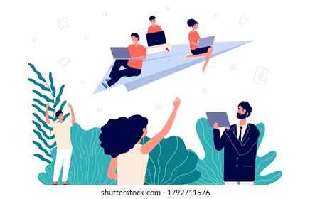 Business project launch. Startup team, IT development or new management staff. Young people with laptop fly on paper airplane