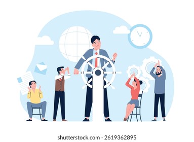 Business project leader and applauding team. Man at helm and managers, boss, financial development and success, vector startup concept