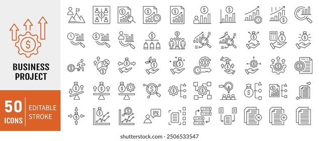Business project line icon collection set. Containing innovation, growth, workflow, accounting, management, validation icon. Vector Illustration