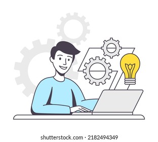 Business Project with Man Character at Laptop with Light Bulb Working with Startup Outline Vector Illustration