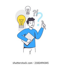 Business Project with Man Character with Light Bulb Working with Startup Outline Vector Illustration
