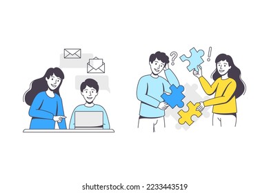 Business Project with Man and Woman Character with Laptop and Jigsaw Puzzle Working with Startup Outline Vector Set