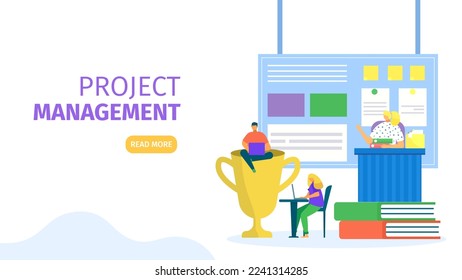 Business project management by teamwork, web page vector illustration. People man woman character in big screen, development concept.