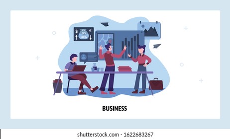 Business project management and financial strategy planing. Business teamwork work in office. Vector web site design template. Landing page website concept illustration