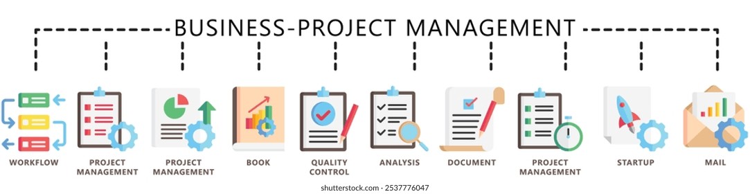 Business, Project management flat color icons set. contain book, document, analysis, mail, work flow, quality control, and more. Vector EPS 10. for UI or UX kit, web and app, finance, business.