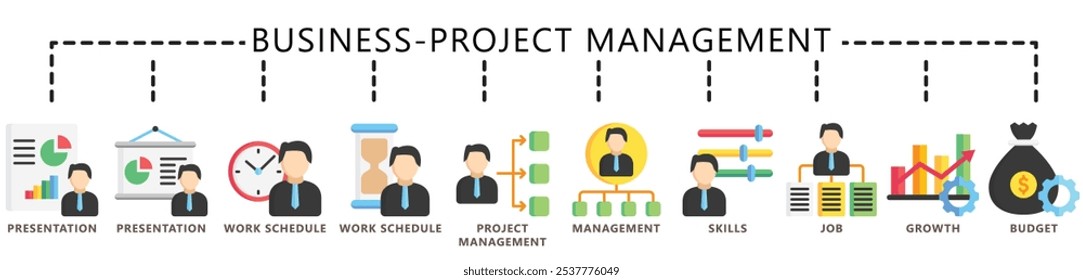 Business, Project management flat color icons set. contain presentation, work schedule, job, skill, budget, growth, and more. Vector EPS 10. for UI or UX kit, web and app, finance, business.