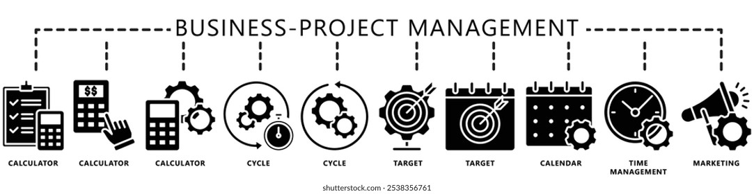 Negócios, conjunto de ícones de gerenciamento de projetos. contém calculadora, ciclo, destino, calendário, marketing, gerenciamento de tempo e muito mais. Vetor EPS 10. para UI ou UX kit, web e app, finanças, negócios.