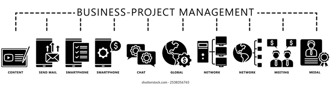 Business, Project management glyph icons set. contain content, mail, chat, smartphone, network, meeting, global and more. Vector EPS 10. for UI or UX kit, web and app, finance, business.