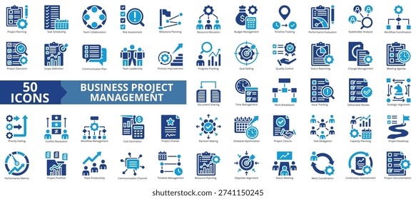 business project management icon set flat style illustration. containing project closure, objective alignment, deliverable review, document sharing, work breakdown, meeting agenda, priority setting