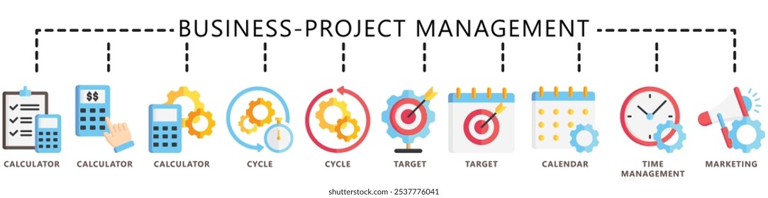 Business, Project management outline color icons set. contain calculator, cycle, target, calendar, marketing, time management and more. Vector EPS 10. for UI or UX kit, web and app, finance, business.
