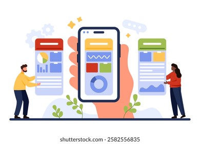 Business project management and planning, scrum task board in mobile application. Giant hand holding phone with kanban visual method app on screen to work with tiny people cartoon vector illustration