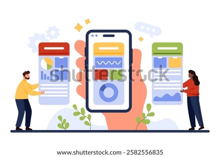 Business project management and planning, scrum task board in mobile application. Giant hand holding phone with kanban visual method app on screen to work with tiny people cartoon vector illustration