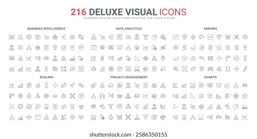 Business project management and timeline organization, data analysis, scaling arrows line icon set. Growth chart, diagram with sectors and scheme thin black and red outline symbols vector illustration