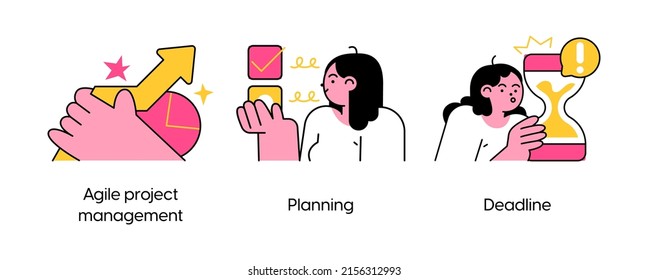 Business project management tools and phases - set of business concept illustrations. Agile management, planning, deadline. Visual stories collection.