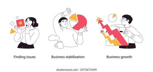 Herramientas y fases de gestión de proyectos empresariales: conjunto de ilustraciones de conceptos empresariales. Colección de historias visuales.