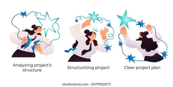 Business project management tools and phases - set of business concept illustrations. Visual stories collection.
