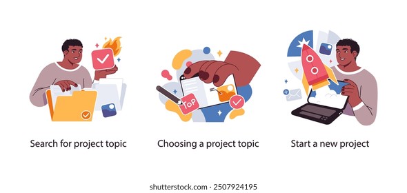 Business project management tools and phases - set of business concept illustrations. Visual stories collection.